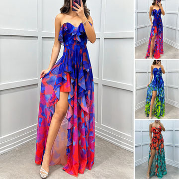 Women's Fashion Printed Mesh Sheath Split Dresses