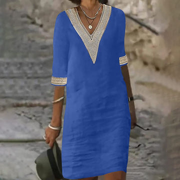 V-neck Lace-trimmed Cotton Linen Dress