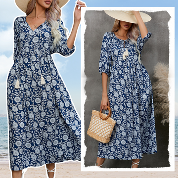 Women’s Elegant Floral Print V-Neck Long Dress