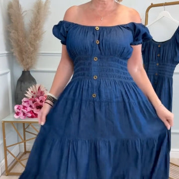 Women's Off-Shoulder Pleated Button-Down Dress