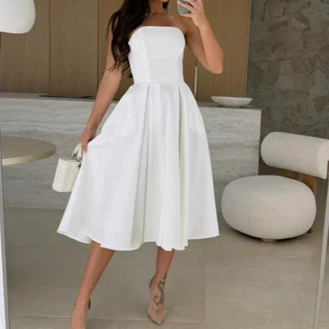 Elegant Solid Color Strapless Midi Dress