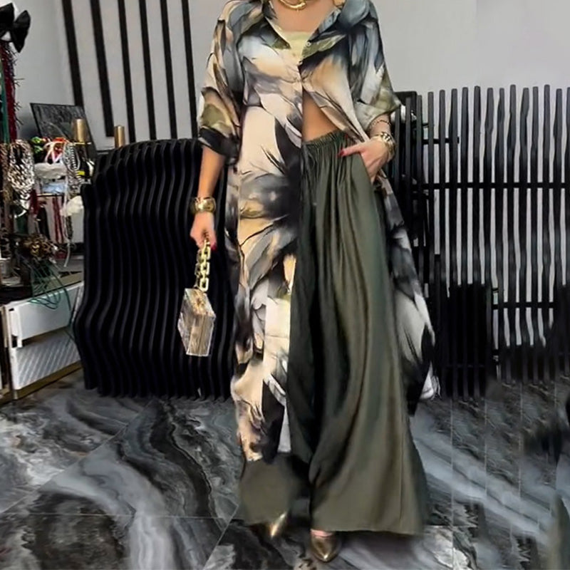 Women's Two-Piece Long Top and Wide Leg Pants Set