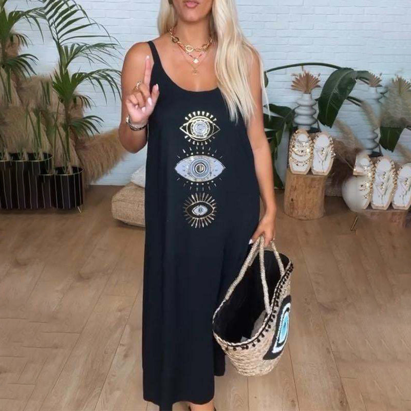 Women's Sleeveless Long Dress with Eye Print