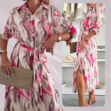 Women's Button-Down Shirt Midi Dress with Waist Tie