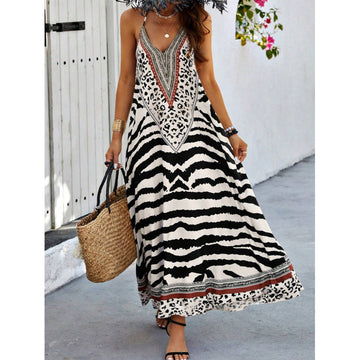 Zebra Leopard Print Slip Maxi Dress