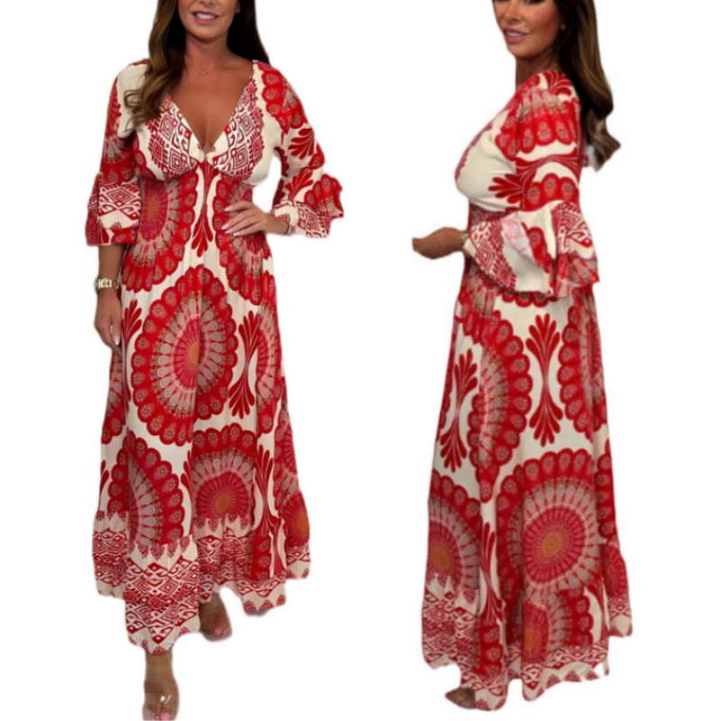 Women's Retro Boho Deep V-Neck Maxi Dress