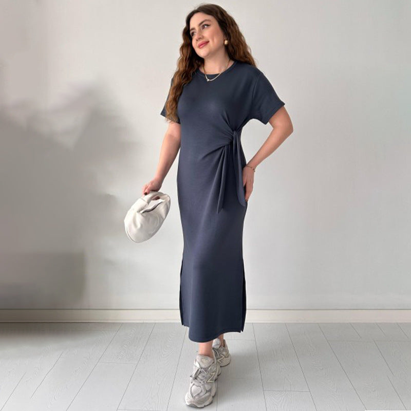 Women's Solid Color Short Sleeve Side Tie Split Dresses