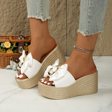Bowknot PU Leather Wedge Slippers