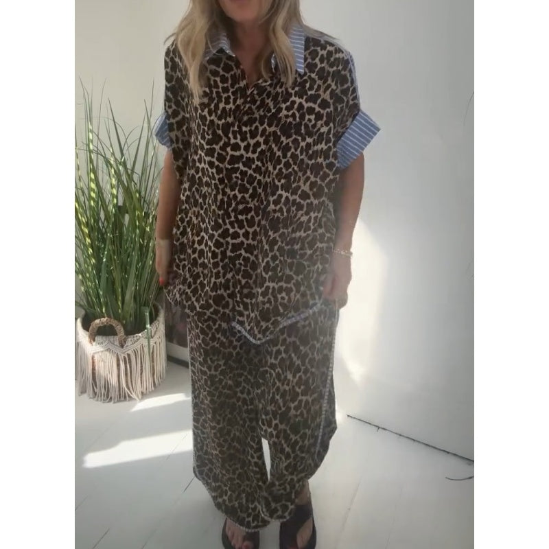Women's Leopard Print Button-Down Shirt & Wide-Leg Pants Set