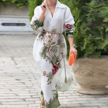 Women’s Print V-Neck Lapel Long-Sleeve Long Dress