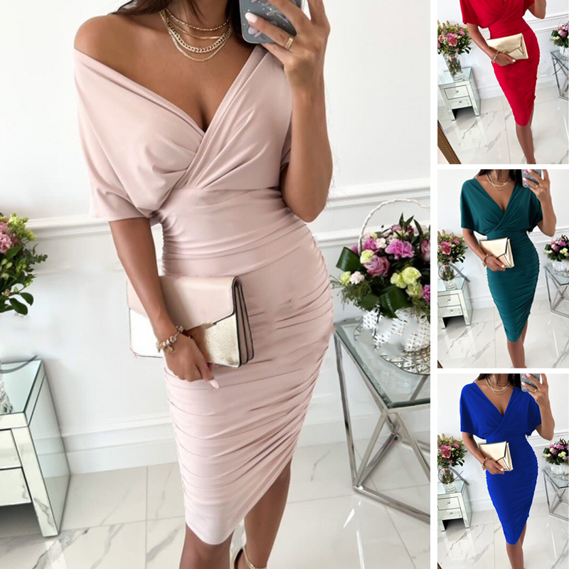Women's Sexy Ruched V-Neck Bodycon Dress
