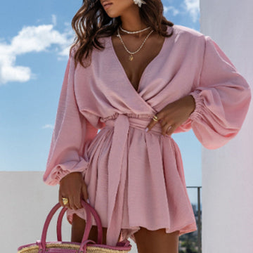 Women's Elegant V-Neck Waist Tie Long Sleeve Romper