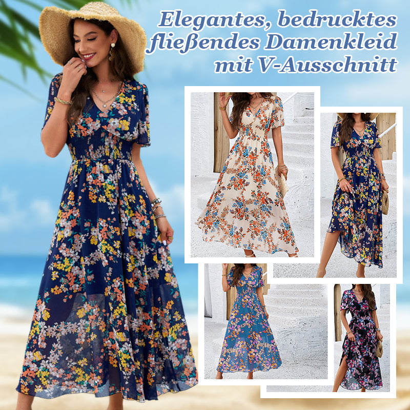 Women's Elegant Printed Flowing Dress with V-Neck