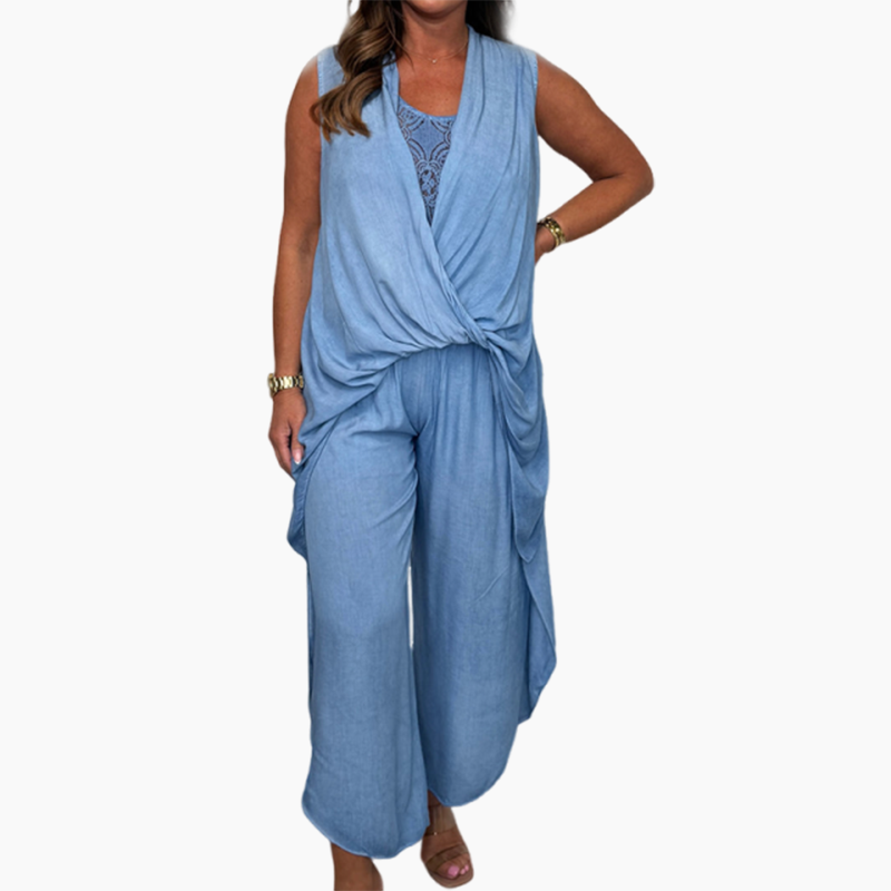 Women's Casual Fashion Solid Color Sleeveless Top Loose Long Pants Set