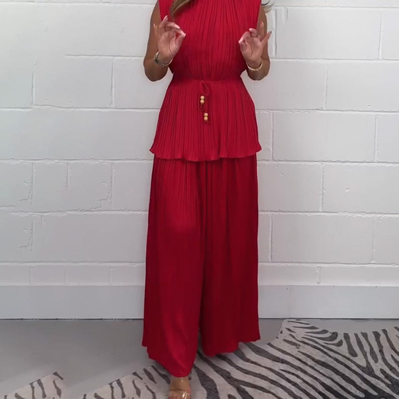 Women's Sleeveless Tie Waist Top & Wide-Leg Pants Set