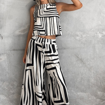 Striped Sleeveless Top & Wide-Leg Pants Set