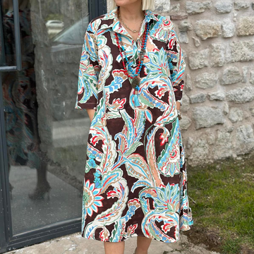 Colourful Dress with 3/4-Length Sleeves and Vintage Floral Print and Pockets