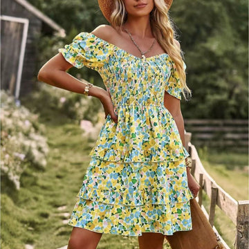 Women's Puff Sleeve Square Neck Printed Dresses