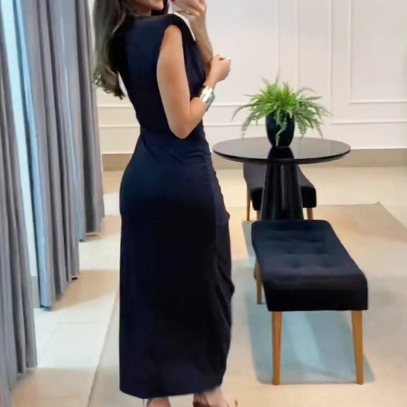 Women's Sleeveless Wrap V Neck Ruched Slit Long Dress