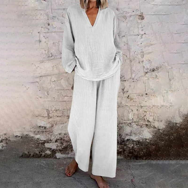 Casual Solid Color V-Neck Long Sleeve Top & Wide-Leg Pants Set