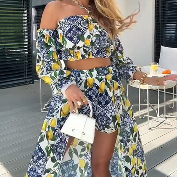Women's Off Shoulder Crop Top & Maxi Skirt Shorts Set