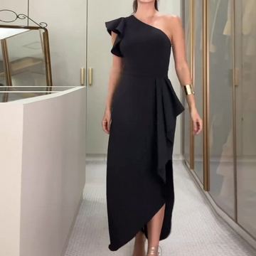 Asymmetrical One Shoulder Ruffle Dress with Irregular Hem and Fitted Waist