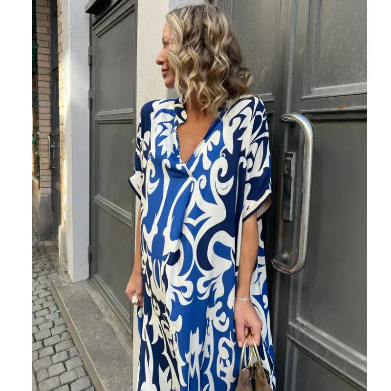Women's Loose Fit Unique Irregular Pattern V-neck Dress