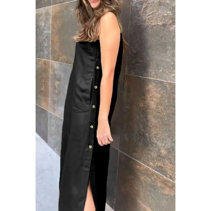 Women's Solid Color Button Side Split Sleeveless Dress