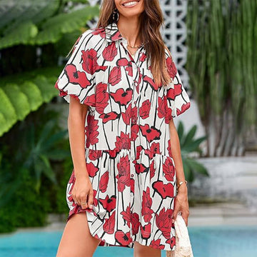Women's Lapel Floral Print Short Dress