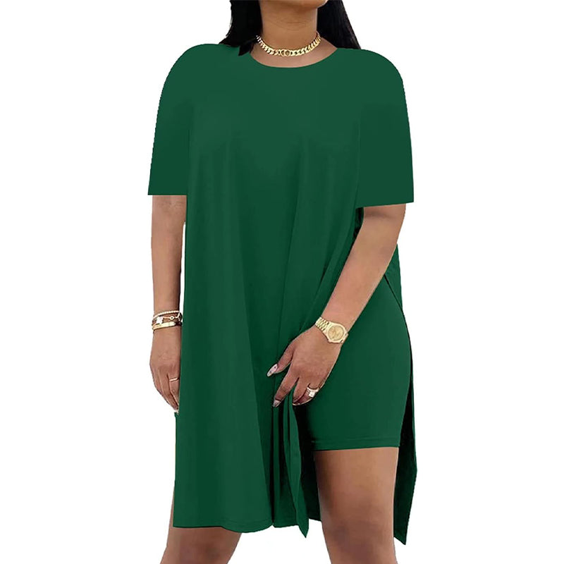 Women's Solid Round-Neck Dress & Shorts Set