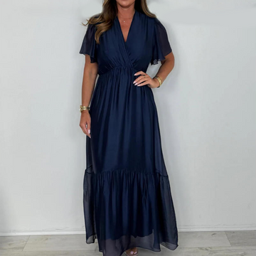 V-Neck Short Sleeve Maxi Dress with Cinched Waist