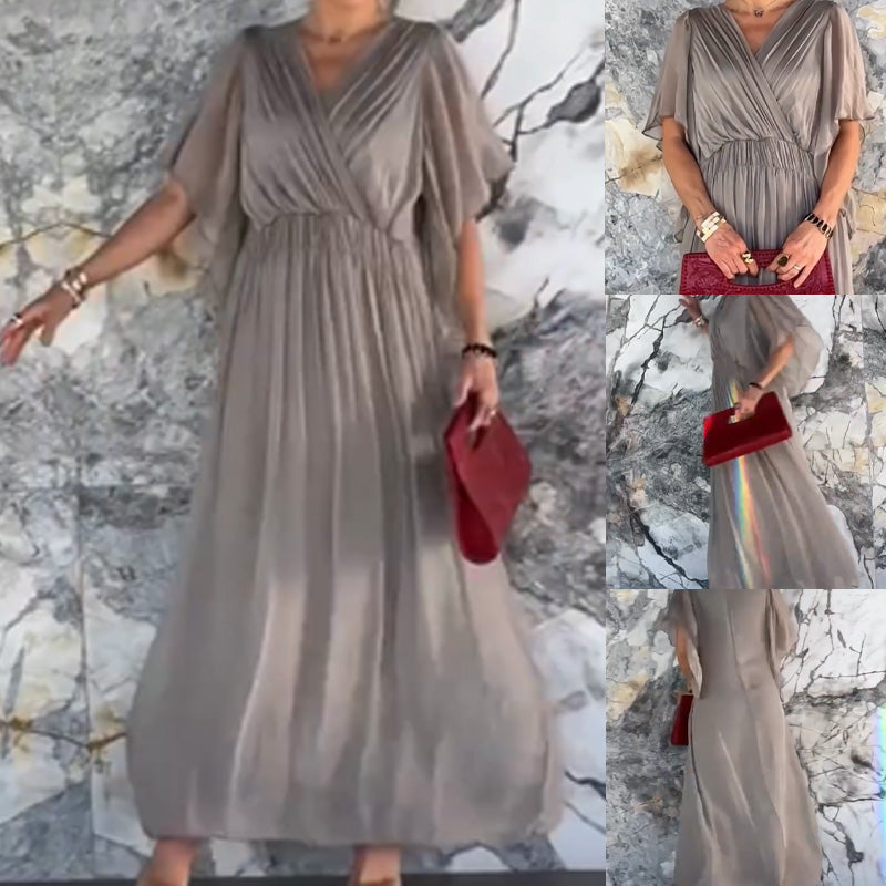 Flowy V-Neck Ruffle Sleeve Maxi Dress