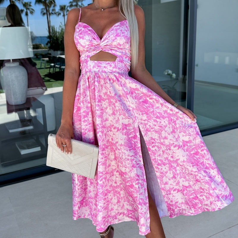Pink Floral Print Waist Cutout V-Neck Sleeveless Dress