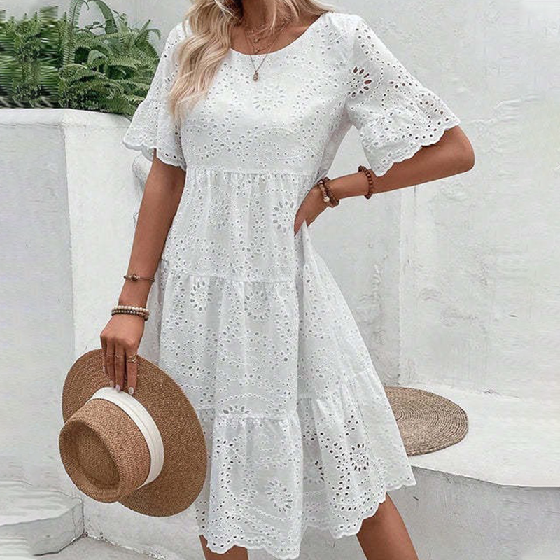 Women's Solid Round Neck Floral Cut-Out Dress