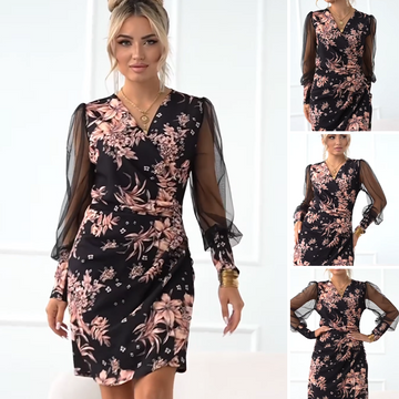 Women's V-Neck Floral Sheer Long Sleeve Dresses