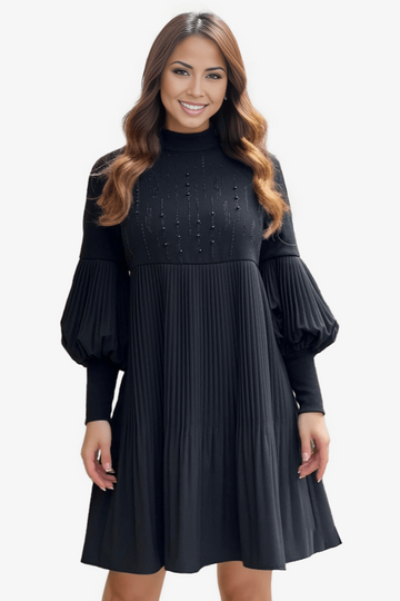 Lantern Sleeve Knitted Little Black Dress