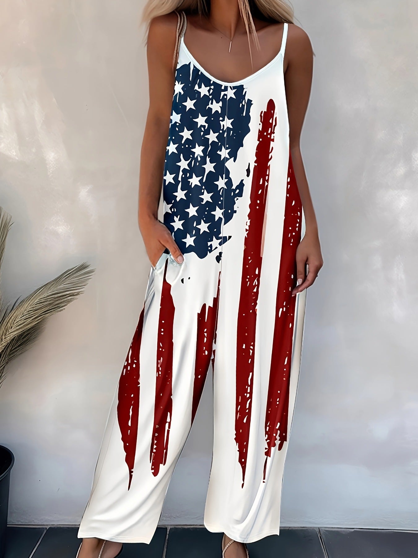 Women Patriotic American Flag Sleeveless V Neck Wide Leg Casual Jumpsuit Romper