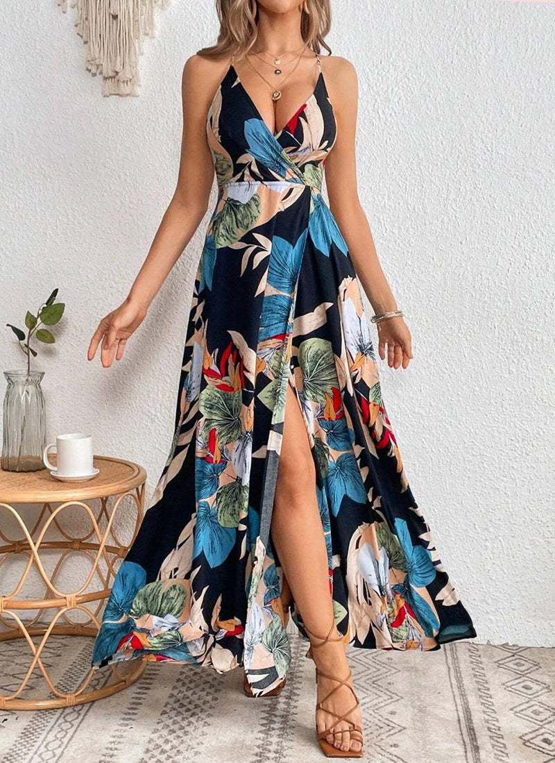 Tropical Print Drawstring Split Thigh Backless Halter Dress