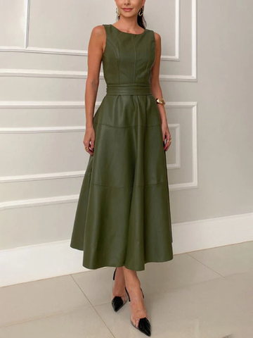 Sleeveless Fitted Leather Belted Solid Color Midi Dress