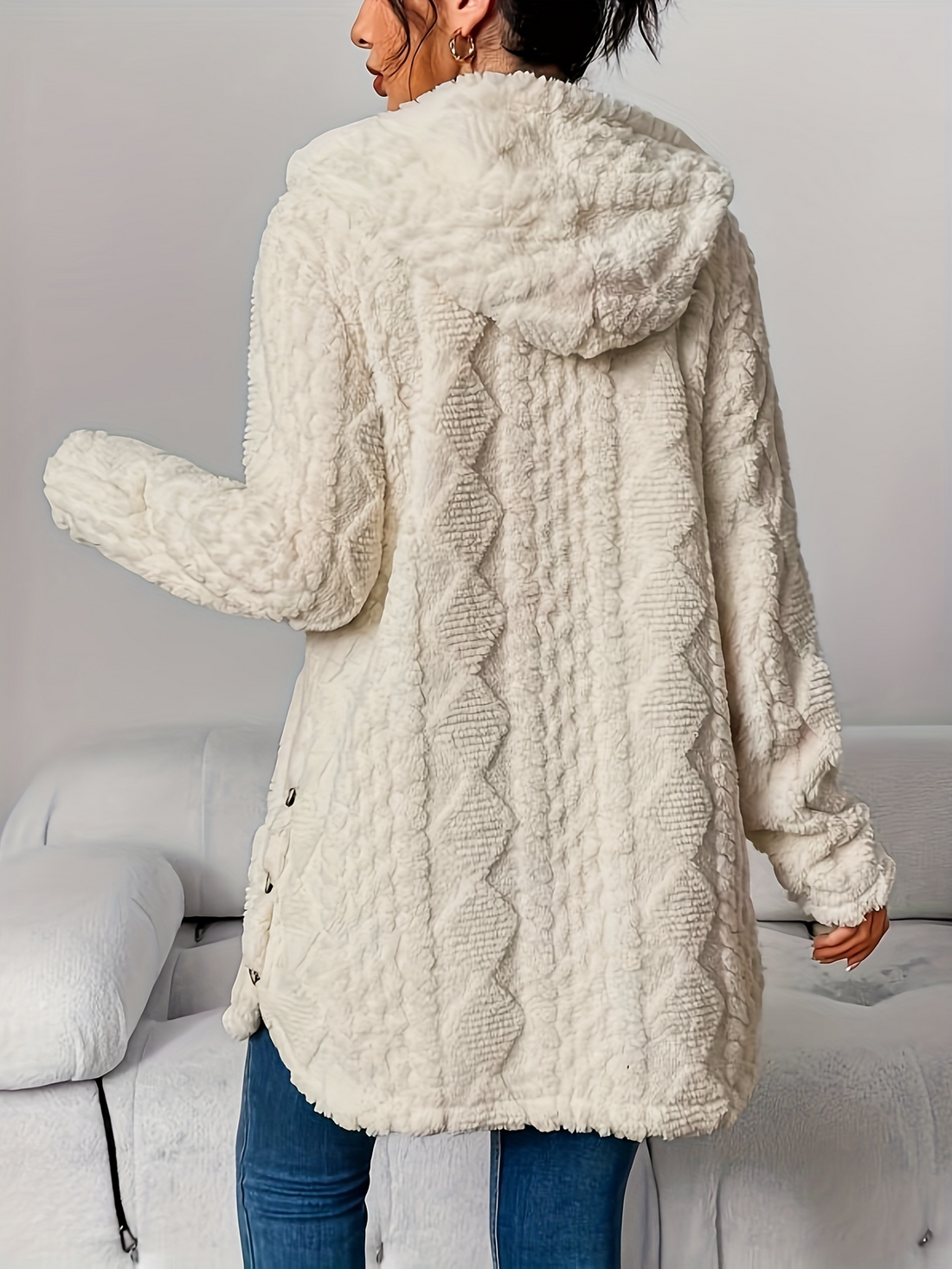 Womens Cozy Quilted Faux Fur Hooded Cardigan