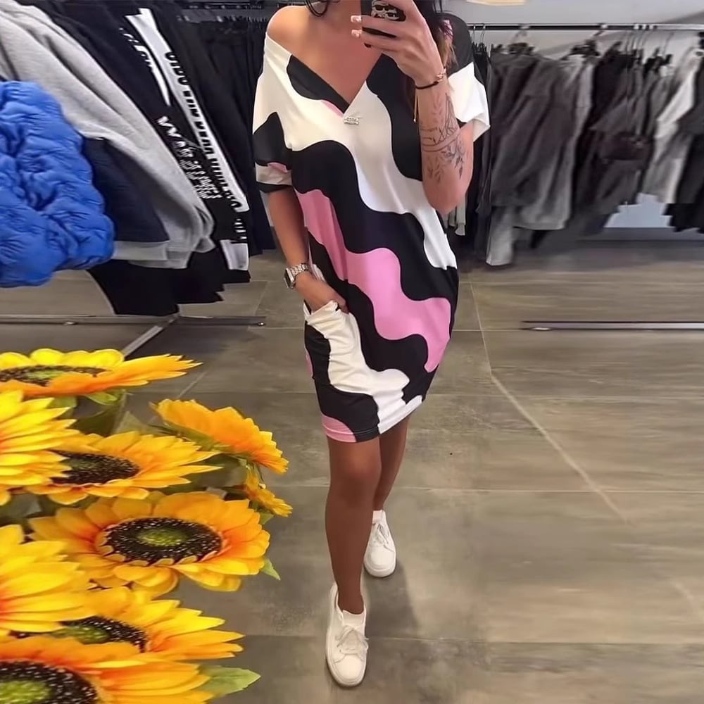 Dress With Wavy Print And V-neck