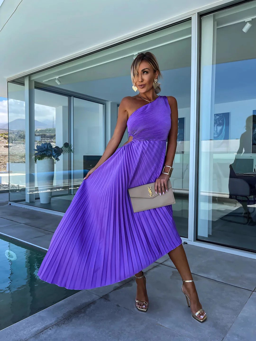 Stunning One - Shoulder Pleated Cut - Out Dress