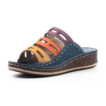 2025 Women Three-color Stitching Casual Low Wedge Heel Peep Toe Sandals Slippers Shoes