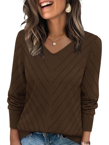 Women's V Neck Casual Knit Hollow Long Sleeve Tops Lightweight Sweaters