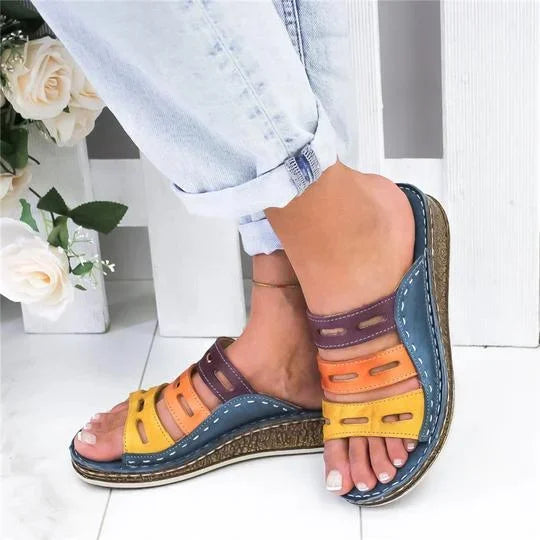 2025 Women Three-color Stitching Casual Low Wedge Heel Peep Toe Sandals Slippers Shoes