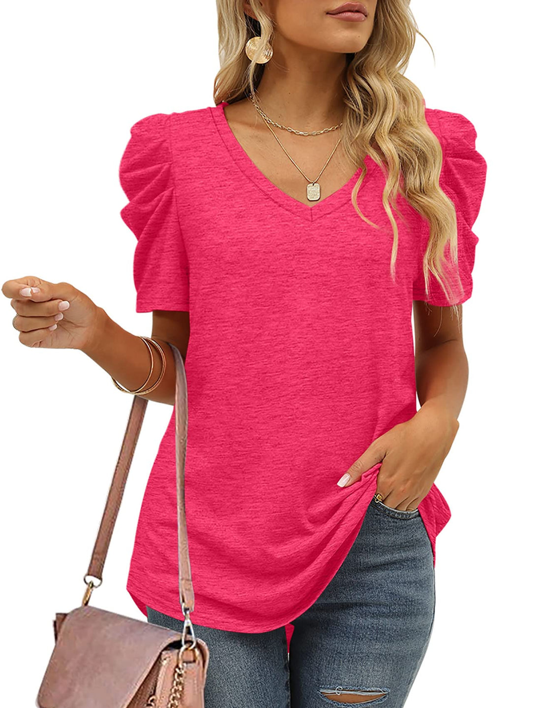 Women's Summer V Neck Puff Sleeve Tshirts