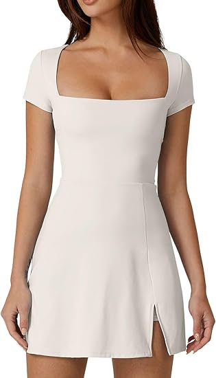 Women's Square Neck Tennis Dress Short Sleeve Built-in Shorts