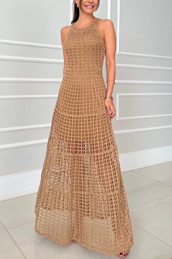 Crochet Knit Round Neck Texture A-line Maxi Dress