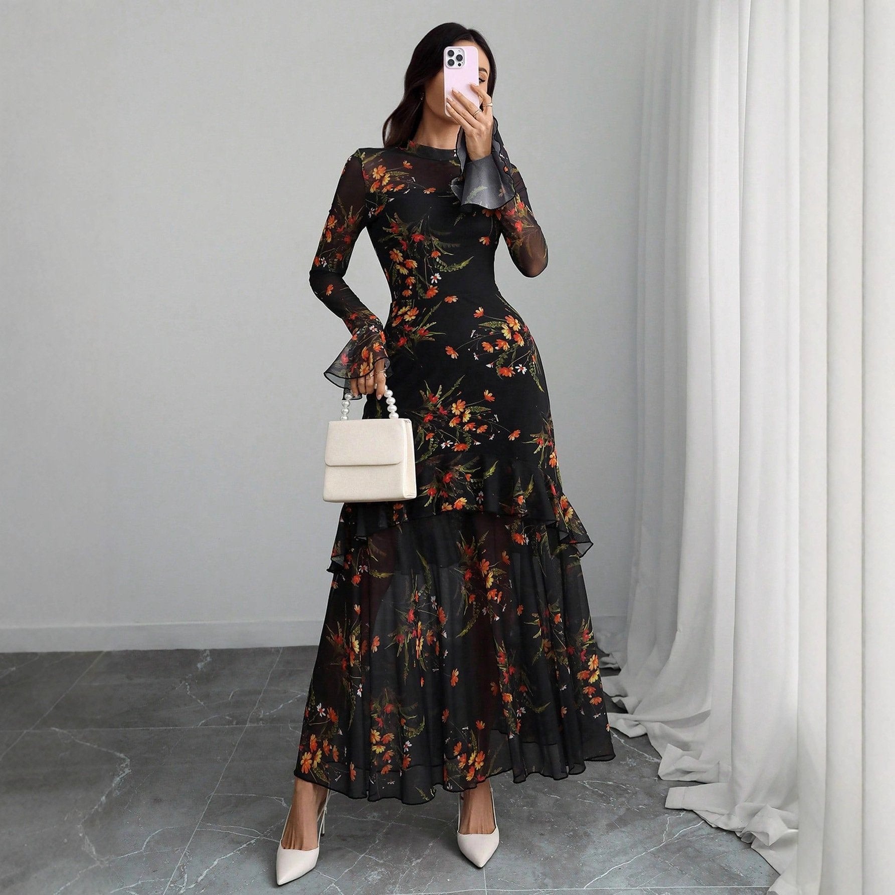 🔥Black Friday Sale - 49% OFF💥Women's Floral Print Dress, Elegant Gothic Long Sleeve Dress