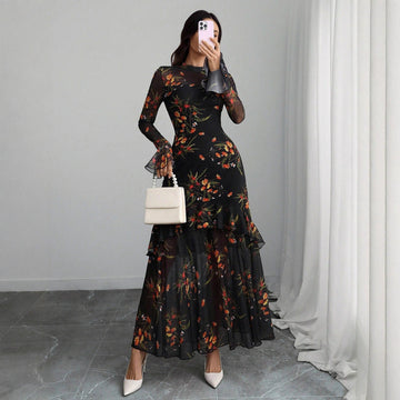 🔥Black Friday Sale - 49% OFF💥Women's Floral Print Dress, Elegant Gothic Long Sleeve Dress